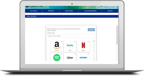 computer screen showing card updater in cuanywhere online banking